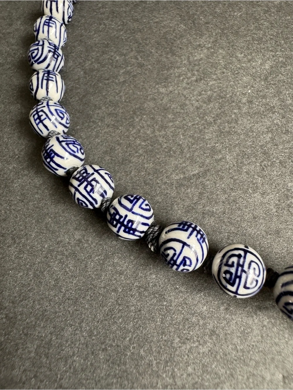 Vintage Chinese Shou Bead Necklace Blue White Porcelain Beaded Longevity 24